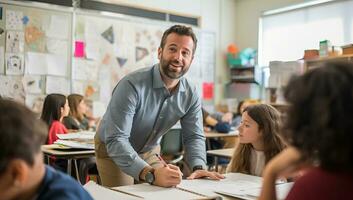 Porträt von ein Lehrer und seine Studenten im ein Klassenzimmer beim Schule. ai generiert. foto