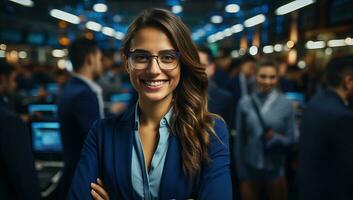 Porträt von ein lächelnd Geschäftsfrau mit Brille Stehen im Büro. ai generiert. foto