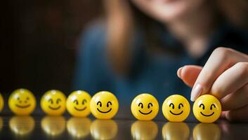 Frau Hand Putten Gelb Smiley Gesicht auf Reihe von Gelb Smileys. ai generiert. foto