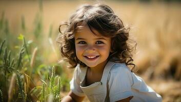 Porträt von lächelnd wenig Mädchen im Weizen Feld auf ein sonnig Tag. ai generiert. foto
