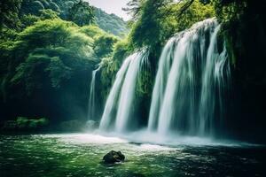 schön Wasserfall im tief Wald. Wasserfall im tief Wald. ai generiert. foto