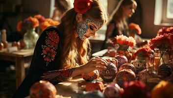 schön jung Frau im ein Zucker Schädel Maske bereitet vor zum festlich. ai generiert. foto