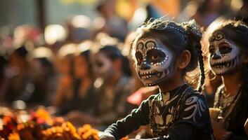 Kind mit traditionell Kostüm nimmt teil beim das dia de los Muertos Urlaub. ai generiert. foto