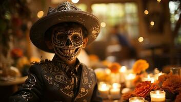 Halloween oder Tag von das tot Dekoration mit Junge Schädel bilden und Kerzen auf das Tabelle im das Restaurant. ai generiert. foto