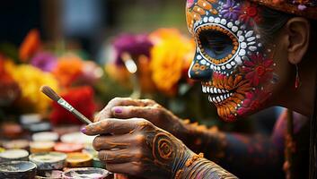 schön Mexikaner Frau mit Zucker Schädel bilden Gemälde auf ihr Gesicht. ai generiert. foto