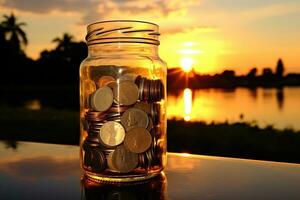 Münzen im Glas Krug mit Sonnenuntergang Hintergrund. Speichern Geld Konzept. ai generiert. foto