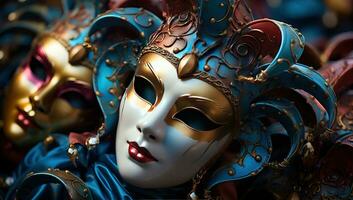 traditionell venezianisch Karneval Maske mit rot Lippen und golden Ornamente. ai generiert. foto