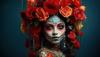 schön Frau mit Zucker Schädel bilden. dia de los Muertos. Tag von das tot. ai generiert. foto