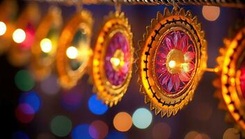 indisch Festival Diwali, bunt Diya Lampen zündete während Diwali Feier. ai generiert. foto