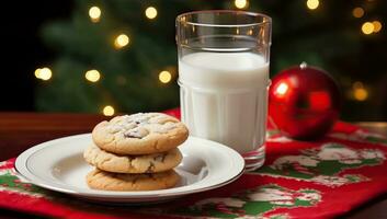 Glas von Milch und Kekse auf hölzern Tabelle im Vorderseite von Weihnachten Baum. ai generiert. foto