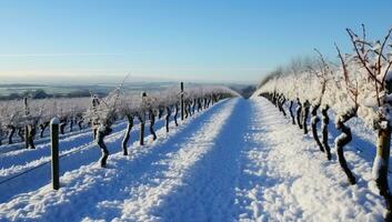 Weinberg im Winter mit Schnee und klar Blau Himmel im das Hintergrund. ai generiert. foto