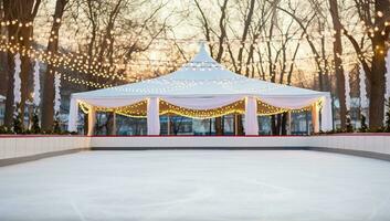 Eis Skaten Eisbahn im das Park beim Sonnenuntergang. Winter Sport Konzept. ai generiert. foto