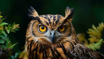 eurasisch Adler Eule Bubo Bubo im das Wald. ai generiert. foto