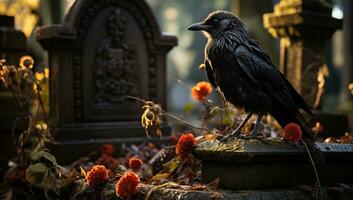 Krähe Sitzung auf Grabstein beim Friedhof im Herbst. Halloween Dekoration. ai generiert. foto