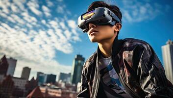 Porträt von ein jung Mann tragen virtuell Wirklichkeit Brille auf das Hintergrund von das Stadt. ai generiert. foto