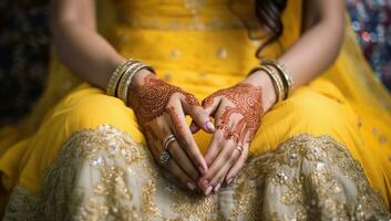 Henna tätowieren auf das Hände von ein Braut im ein traditionell Kleid. ai generiert. foto