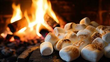 Weiß Marshmallows im Vorderseite von ein Verbrennung Kamin im ein Land Haus. ai generiert. foto