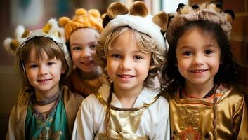 Gruppe von glücklich Kinder im Weihnachten Kostüm suchen beim Kamera und lächelnd. ai generiert. foto