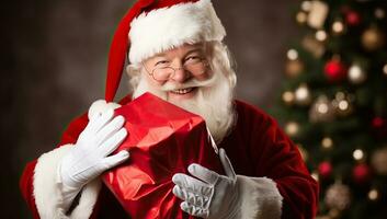 Santa claus halten ein Geschenk Kasten. ai generiert. foto