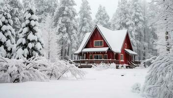 rot hölzern Haus im das Winter Wald. ai generiert. foto