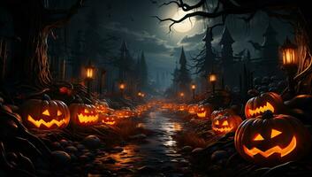 Halloween Hintergrund mit Kürbisse im das dunkel Wald. ai generiert. foto