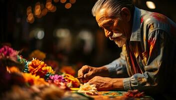 alt Mann Herstellung Blume Girlanden beim Nacht Markt im Indien. ai generiert. foto