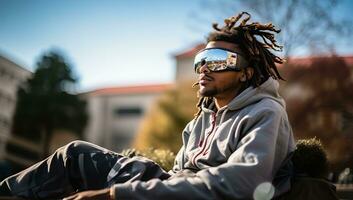 afrikanisch amerikanisch Mann mit Dreadlocks und Sonnenbrille Sitzung auf ein Bank. ai generiert. foto