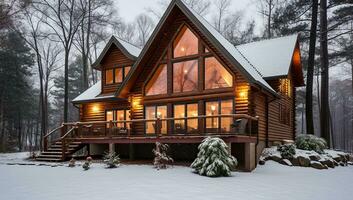 schön hölzern Haus im das Winter Wald. ai generiert. foto