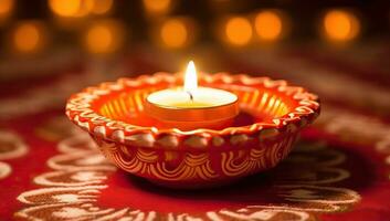Verbrennung Kerze im ein Schüssel auf ein rot Tischdecke mit Bokeh Hintergrund. Diwali Konzept. ai generiert. foto