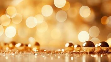 golden Weihnachten Hintergrund mit Bokeh defokussiert Beleuchtung. ai generiert. foto