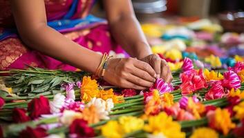 indisch Frau Herstellung ein Blume Girlande auf Diwali Festival. ai generiert. foto