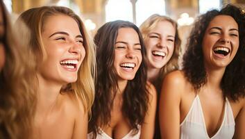 Gruppe von jung Frauen Lachen und haben Spaß zusammen. ai generiert. foto