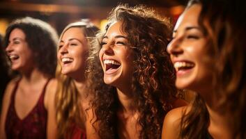 Gruppe von jung Frauen Lachen und haben Spaß im ein Nachtclub. ai generiert. foto