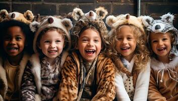 Porträt von ein Gruppe von lächelnd Kinder mit Tier Kostüm. ai generiert. foto