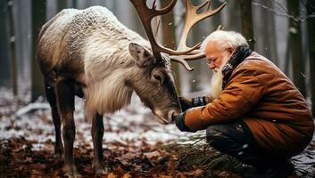 Alten Mann Fütterung ein Rentier im das Winter Wald. ai generiert. foto