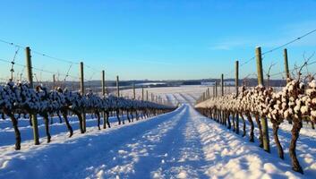 Winter Weinberg Landschaft mit Schnee und klar Blau Himmel. ai generiert. foto