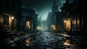 Straße im das alt Stadt, Dorf beim Nacht. Halloween Konzept. ai generiert. foto