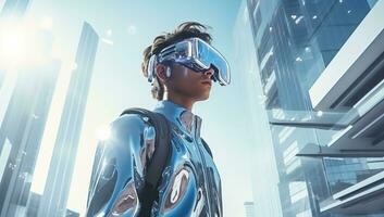 jung Mann tragen virtuell Wirklichkeit Brille gegen Wolkenkratzer im Geschäft Bezirk. ai generiert. foto