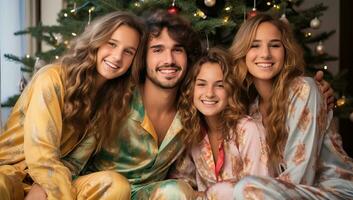 glücklich Familie im Pyjama Sitzung auf Sofa in der Nähe von Weihnachten Baum. ai generiert. foto