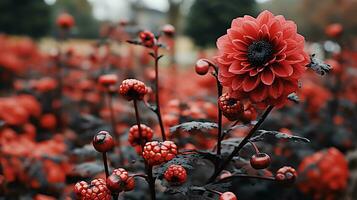ein Gruppe von lila Rosen mit Wasser Tröpfchen auf Sie ai generativ foto