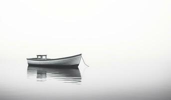 minimalistisch Landschaft von klein hölzern Boot isoliert im Wasser mit ein Menge von Nebel. ai generiert foto