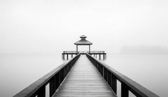hölzern Brücke im das Nebel Über das Meer. ai generiert foto