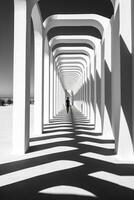 Licht Tunnel Perspektive und projiziert Schatten, mit Mensch Silhouette. ai generiert foto