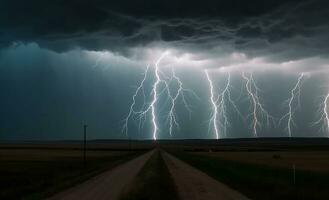 realistisch Landschaft Illustration während Sturm mit Blitz. ai generiert foto