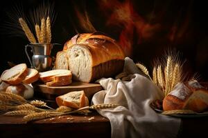 Illustration immer noch Leben mit verschiedene Typen von frisch Brot und Ohren von Weizen. ai generiert foto