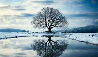 minimalistisch Winter Landschaft mit ein Baum bedeckt mit Schnee. ai generiert foto