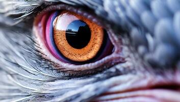 Nahansicht von ein Vogel Auge mit großartig Detail. ai generiert foto