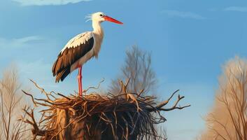 Storch auf oben von das Nest. ai generiert foto