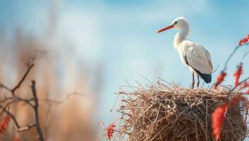 Storch auf oben von das Nest. ai generiert foto