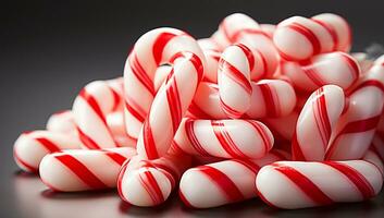 köstlich rot und Weiß Süßigkeiten Stöcke, Weihnachten Zeit. ai generiert foto